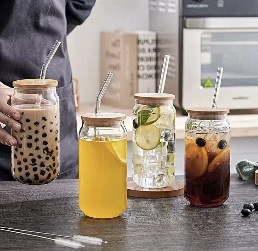 16oz Tall Glass Mug with Bamboo Lid & Straw – Eco-Friendly Iced Coffee & Juice Cup with Handle