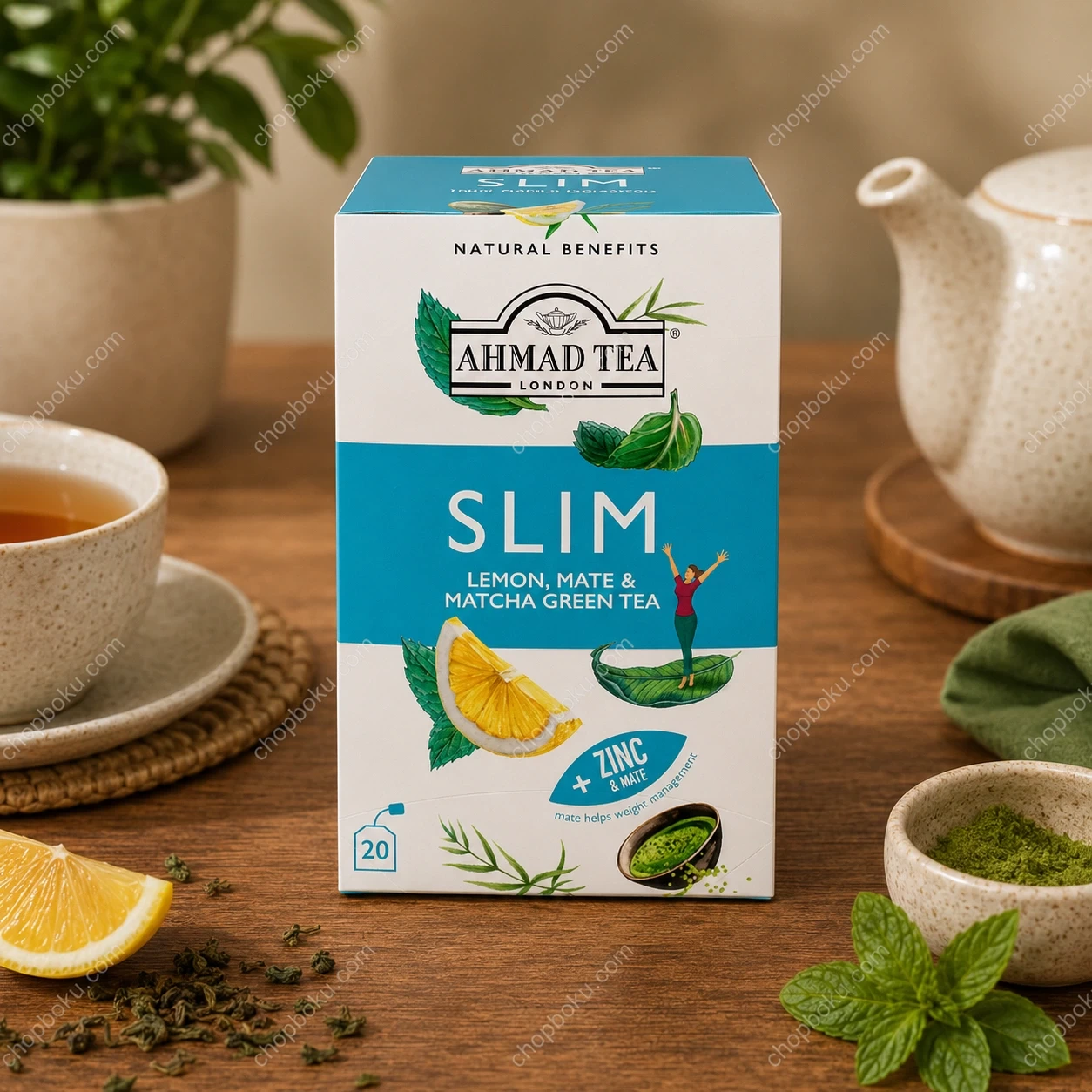 Ahmad Tea Slim Tea with Lemon, Mate & Matcha Green Tea – 20 Foil Tea Bags (36g)