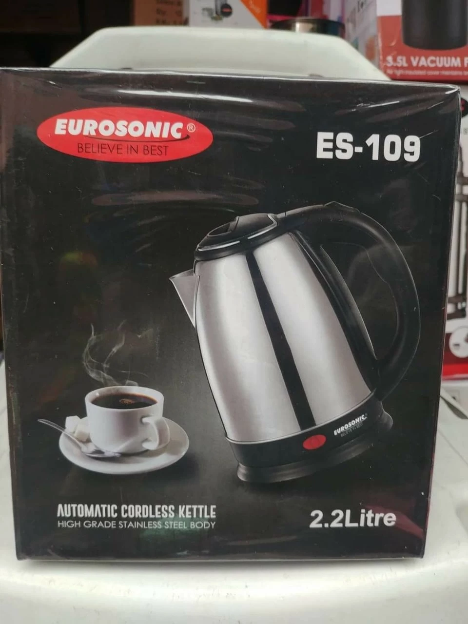 Eurosonic 2.2L Stainless Steel Cordless Electric Kettle Jug – Fast Boil, Auto Shut-Off, Durable Kitchen Water Boiler